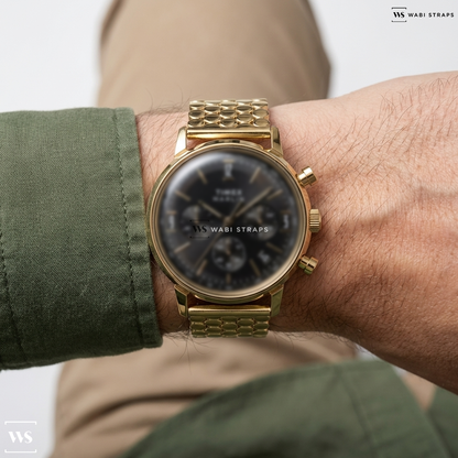 Gold Honeycomb Metal Watch Bracelet on Timex Marlin® Chronograph Tachymeter 40mm Stainless Steel Bracelet Watch