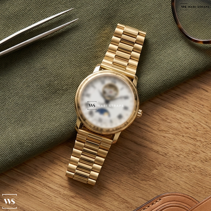 Gold President Metal Watch Bracelet on Frederique Constant Classics Heart Beat Moonphase Date