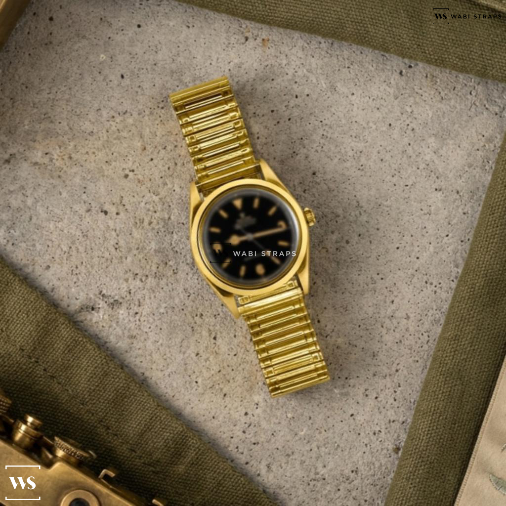 Gold Polished Metal Watch Bracelet on Rolex 18k Explorer Dial Super Precision