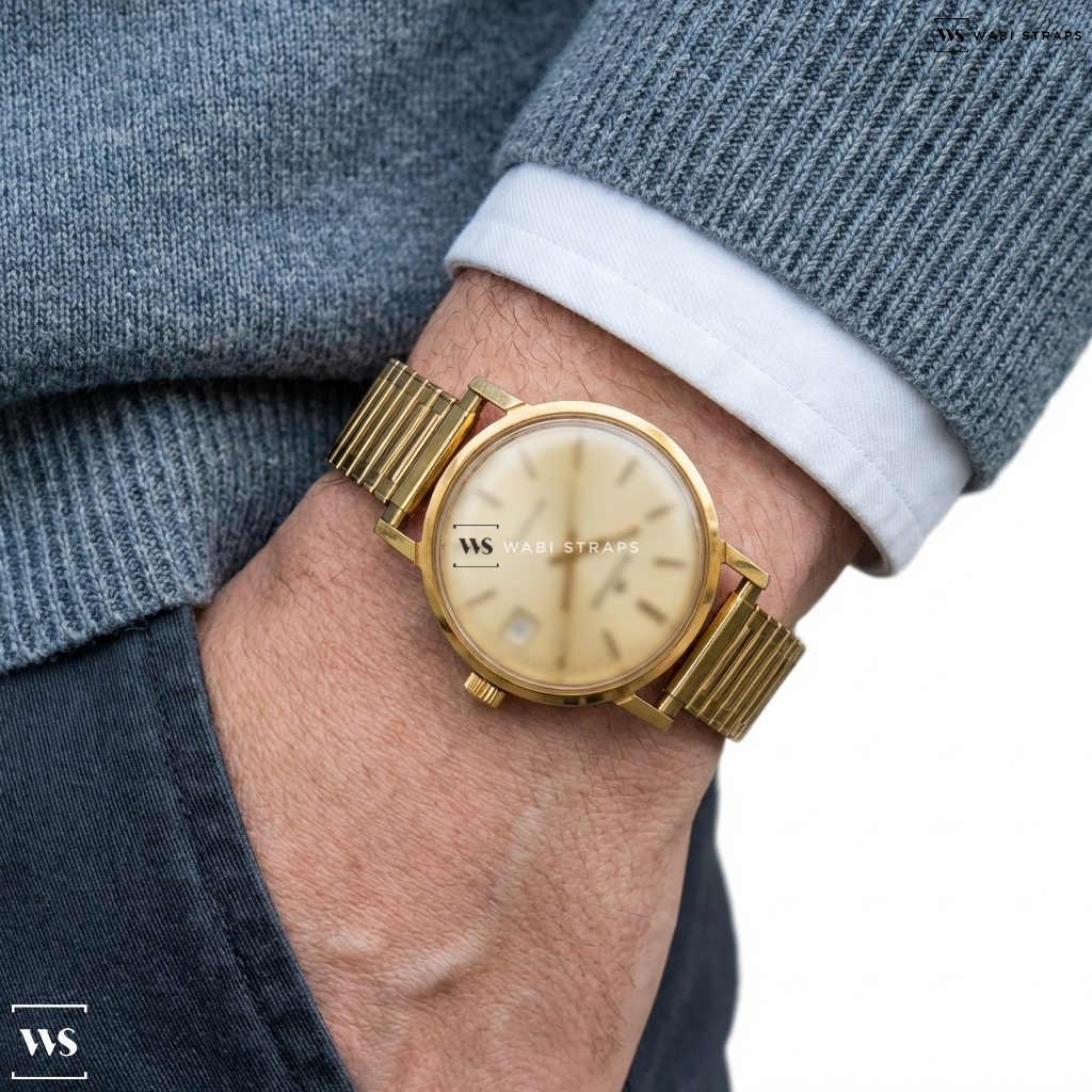 Gold Polished Metal Watch Bracelet on Bucherer Automatic Dress Watch