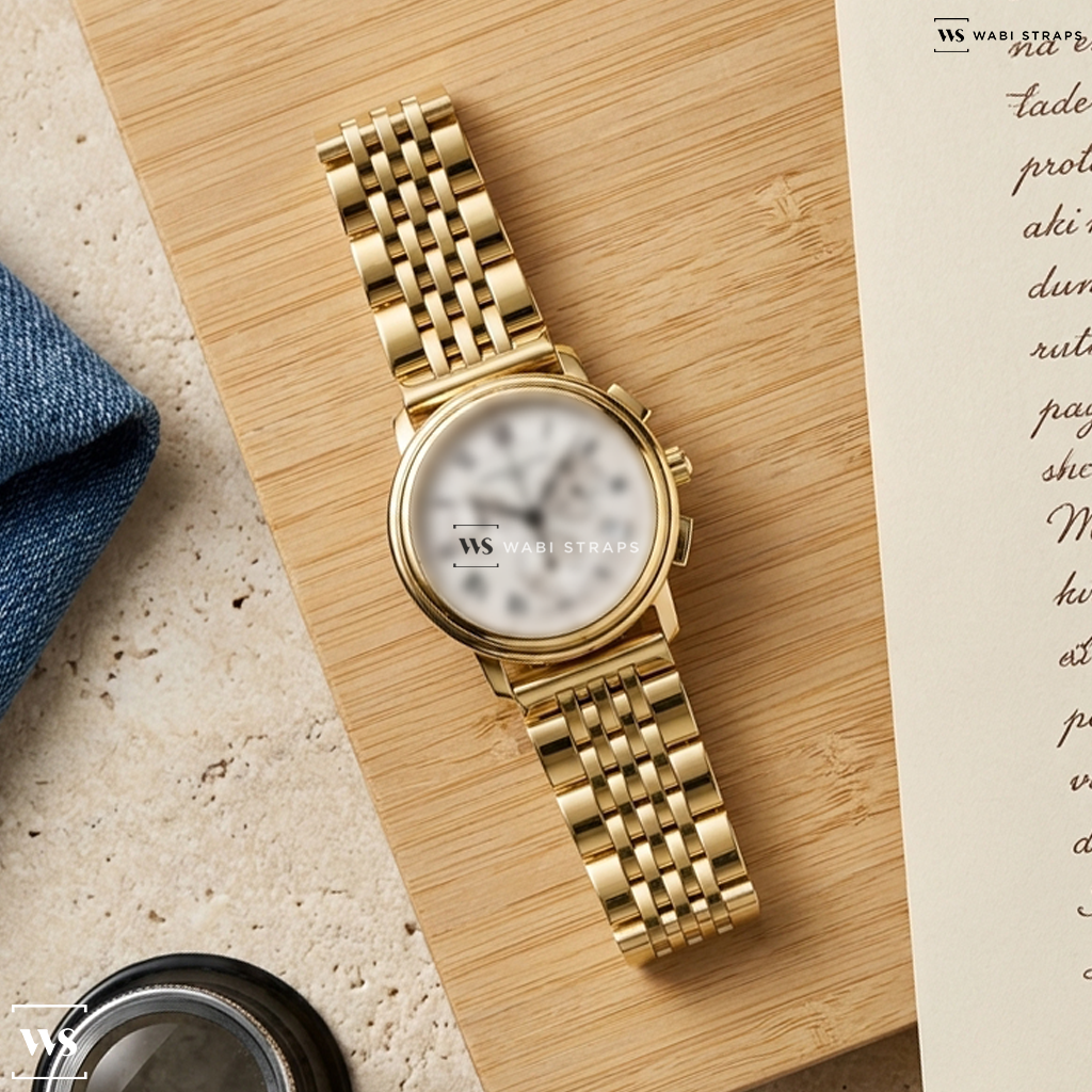 Gold 7-Link Jubilee Metal Watch Bracelet on Frederique Constant Classics Quartz Chronograph