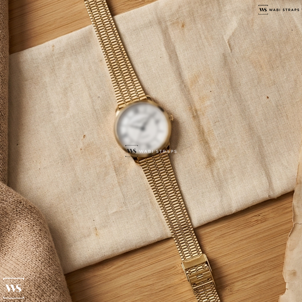 Gold Railroad Metal Watch Bracelet on Frederique Constant Classics Premiere