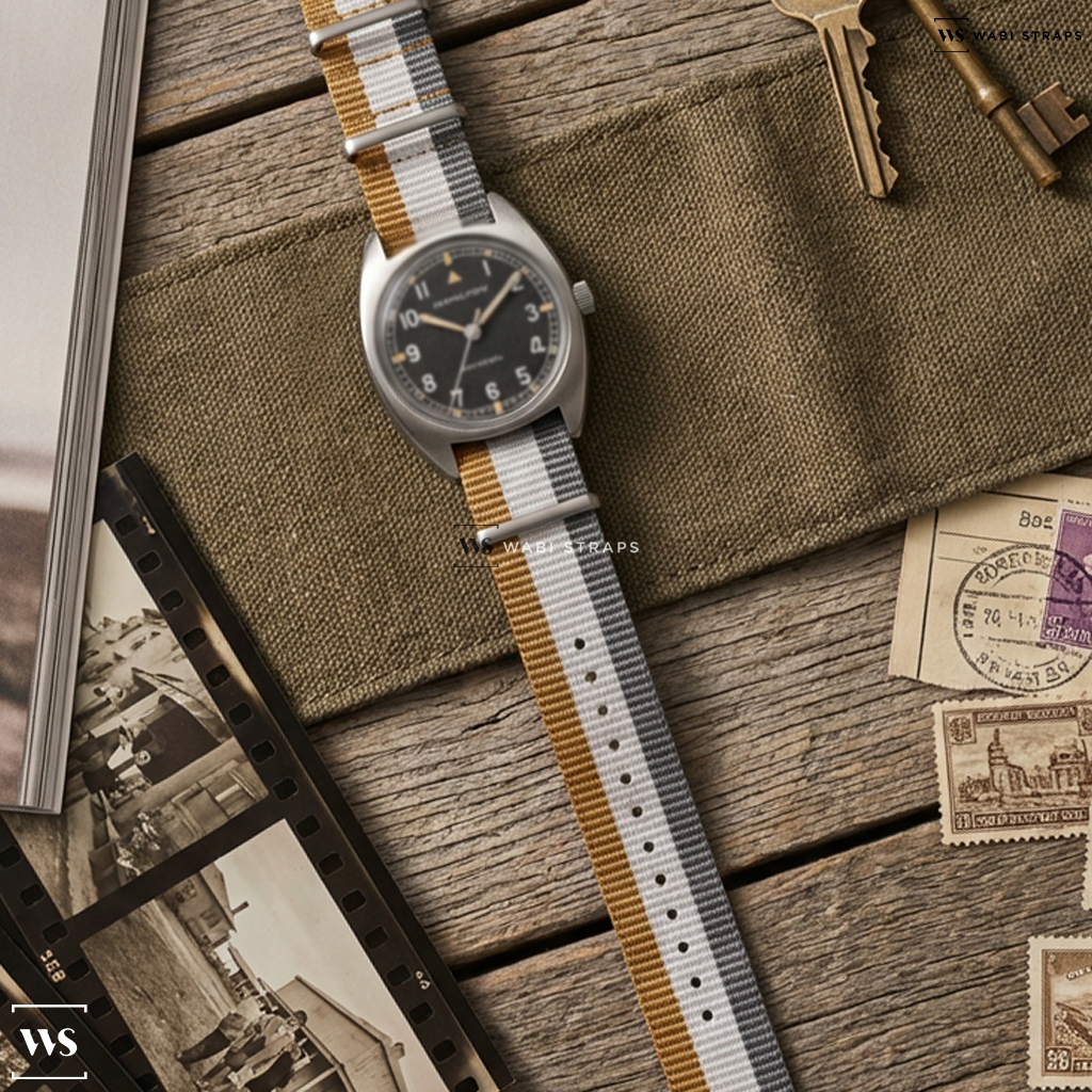 Brown/Grey/White 3 Stripes Nylon Watch Strap on Hamilton Khaki Aviation Pilot Pioneer