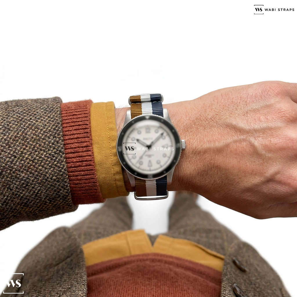 Brown/Grey/White 3 Stripes Nylon Watch Strap on Baltic Aquascaphe White