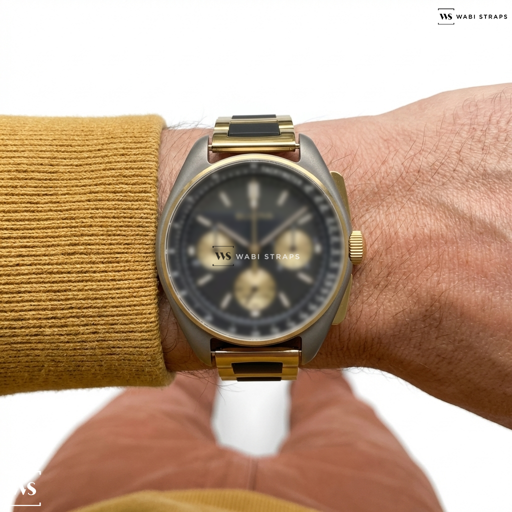 Black/Gold H-Link Metal Watch Bracelet on Bulova 98A285 Special Edition Lunar Pilot Chronograph