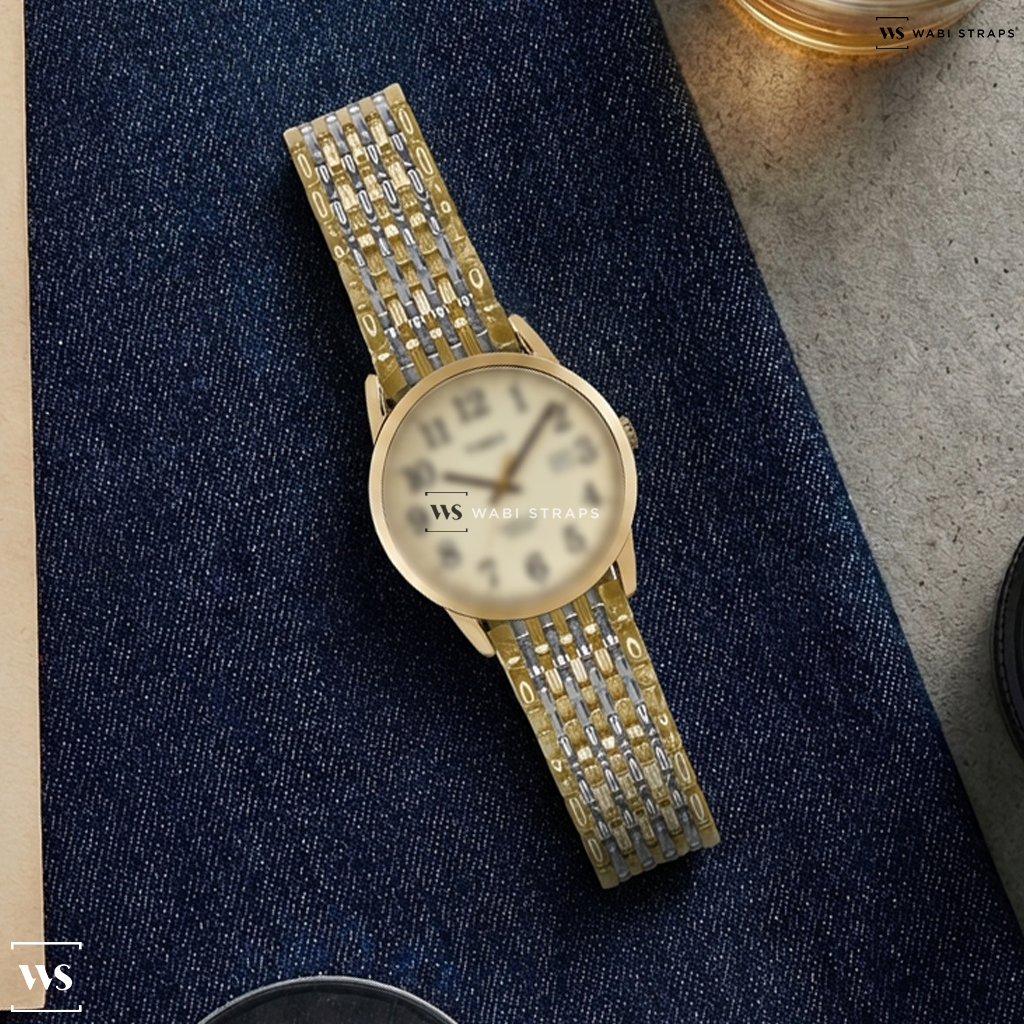 Gold/Silver 9-Row Textured Metal Watch Bracelet on Timex Easy Reader 38mm Leather Strap Watch