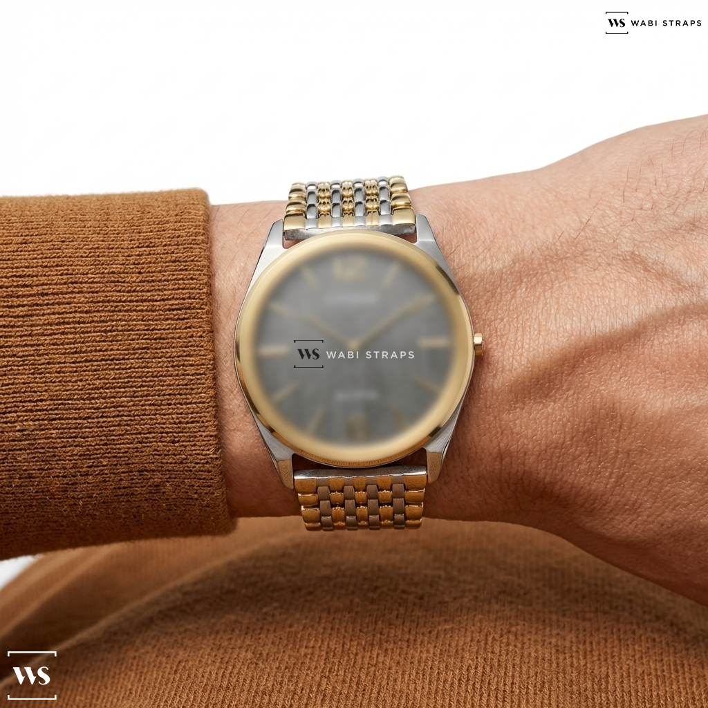 Gold/Silver 9-Row Textured Metal Watch Bracelet on Citizen Suratto