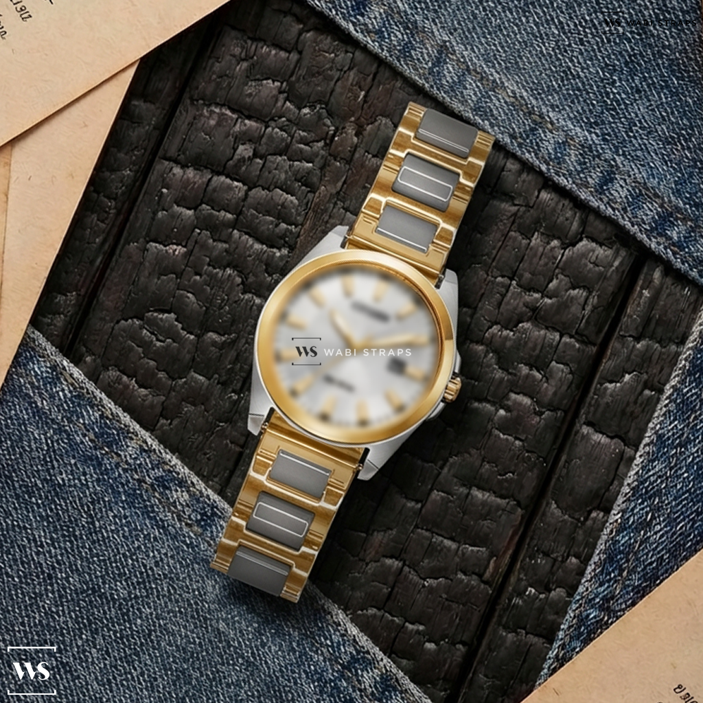 Gold/White H-Link Metal Watch Bracelet on Citizen Peyten