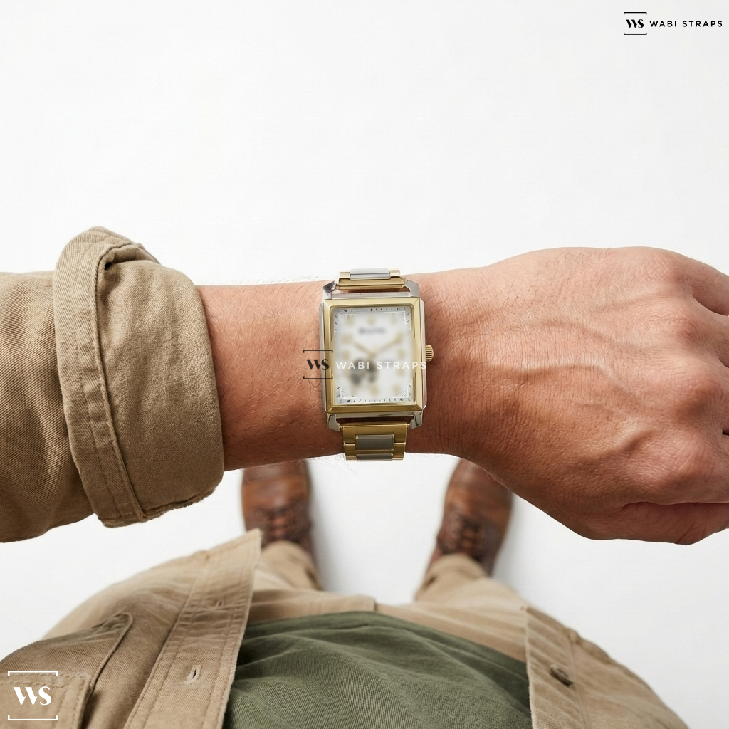 Gold/White H-Link Metal Watch Bracelet on Bulova 98A308 Men's Classic Watch