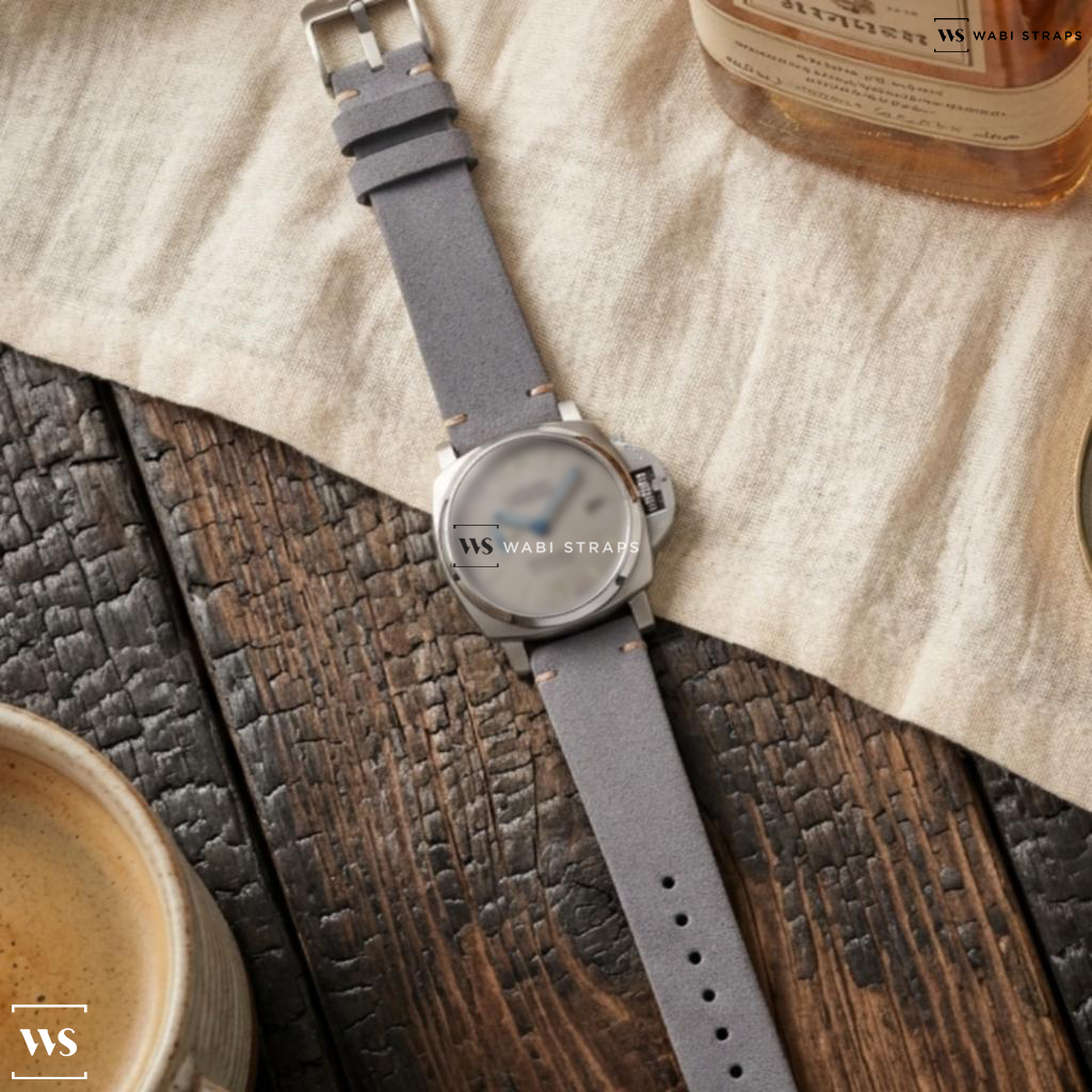 Grey Fuzzy Grain Leather Watch Strap on Panerai Luminor Marina 3 Days Automatic SS / Bracelet 42MM