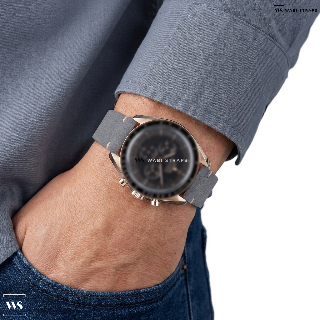 Grey Fuzzy Grain Leather Watch Strap on Omega Speedmaster Moonwatch Professional Sedna Gold