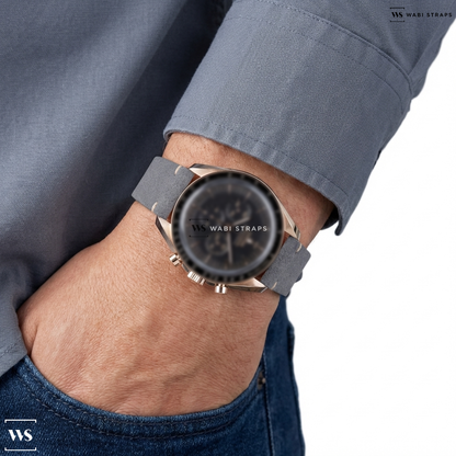 Grey Fuzzy Grain Leather Watch Strap on Omega Speedmaster Moonwatch Professional Sedna Gold