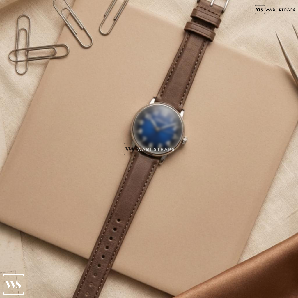 Grey Aged Leather Watch Strap on H. Moser and Cie. Heritage Pilot Center Seconds Funky Blue Dial
