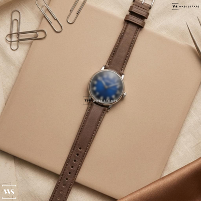 Grey Aged Leather Watch Strap on H. Moser and Cie. Heritage Pilot Center Seconds Funky Blue Dial