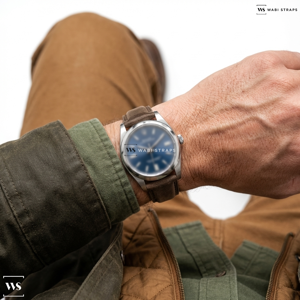 Grey Aged Leather Watch Strap on Rolex Oyster Perpetual Blue Dial SS 31mm