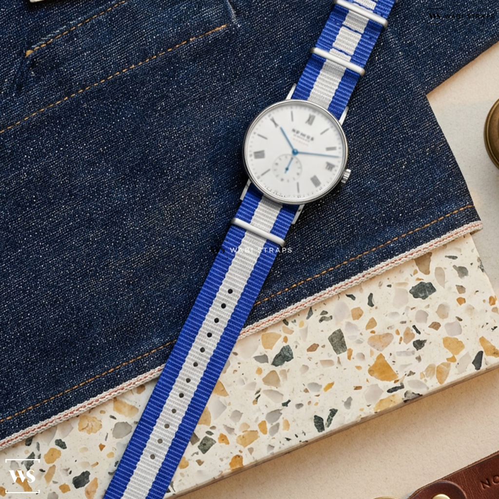 Blue/White 3 Stripes Nylon Watch Strap on Nomos Glashutte Ludwig Neomatic 41