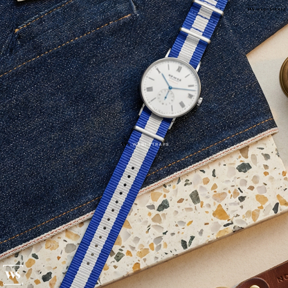 Blue/White 3 Stripes Nylon Watch Strap on Nomos Glashutte Ludwig Neomatic 41