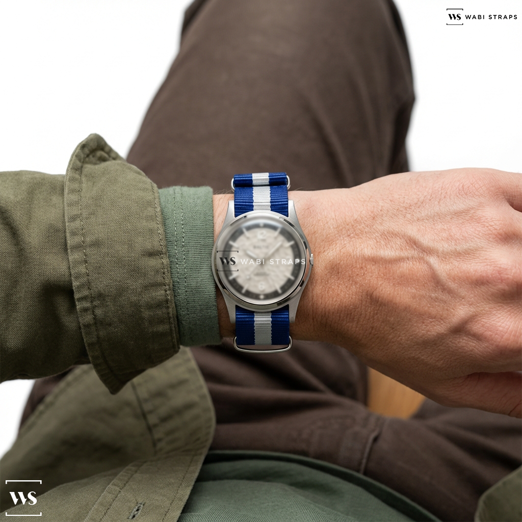 Blue/White 3 Stripes Nylon Watch Strap on Baltic Hermétique Glacier White Dial - Beads of Rice Bracel