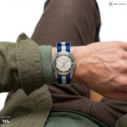 Blue/White 3 Stripes Nylon Watch Strap on Baltic Hermétique Glacier White Dial - Beads of Rice Bracel