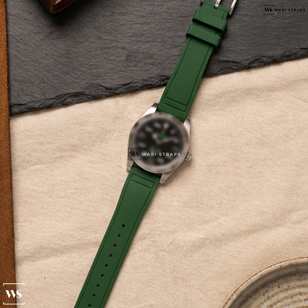 Green Smooth Rubber Watch Strap on Rolex Air King Black Dial SS