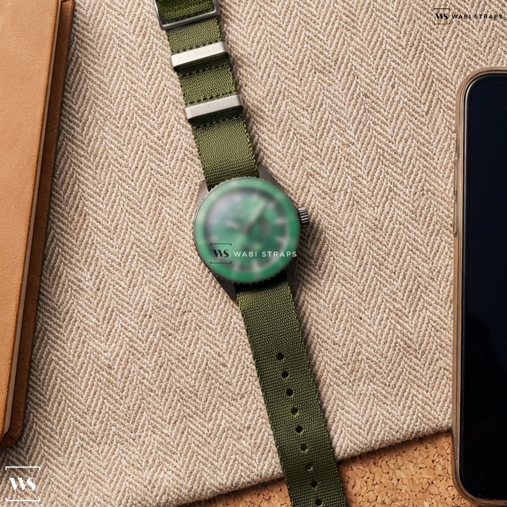 Green Basic Nylon Watch Strap on William Wood Fire Exit Man 41mm Mens Watch Green WWFE01