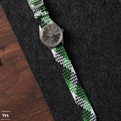 Green/Black/White Interwoven Contrast Nylon Watch Strap on Seiko Sportsmatic 5 Vintage Grey Dial