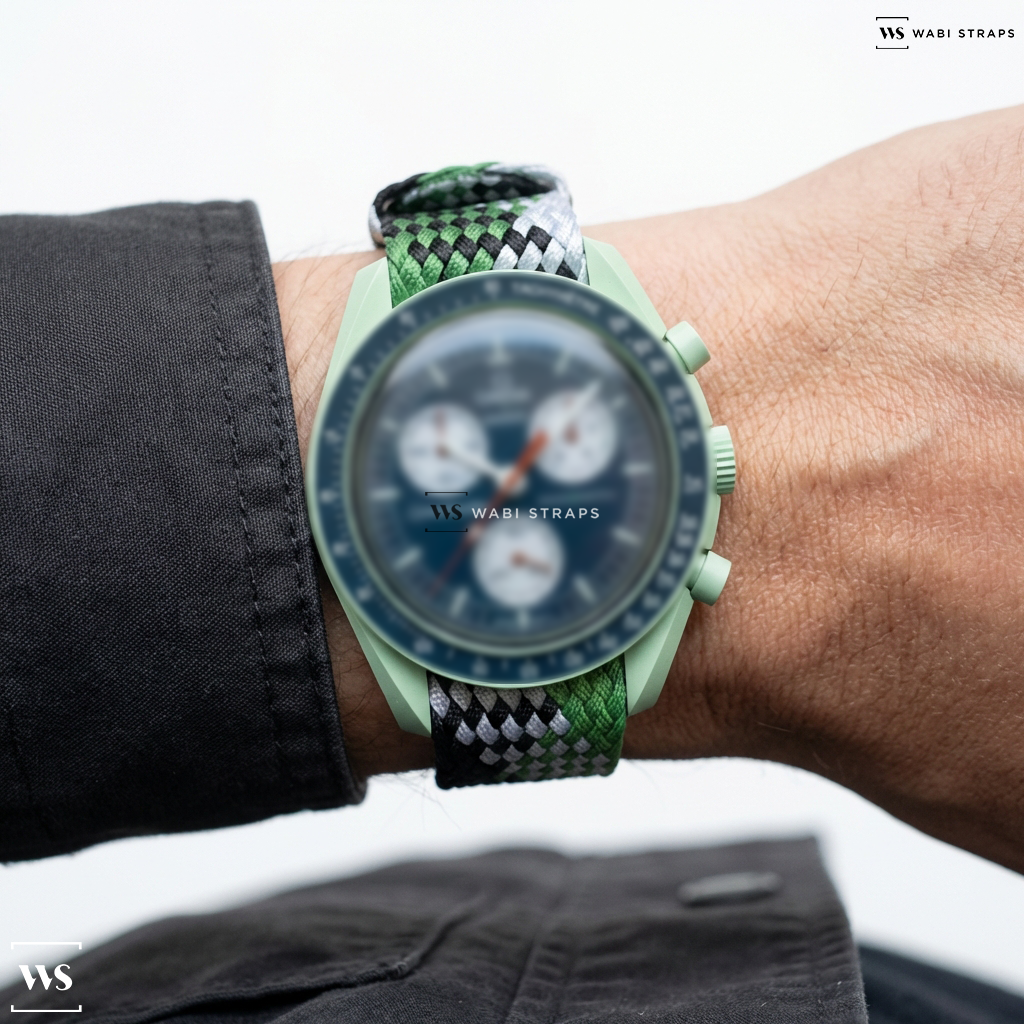Green/Black/White Interwoven Contrast Nylon Watch Strap on Bioceramic MoonSwatch Mission To Earth