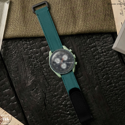 Black/Green Hybrid Leather Watch Strap on MOONSWATCH MISSION ON EARTH