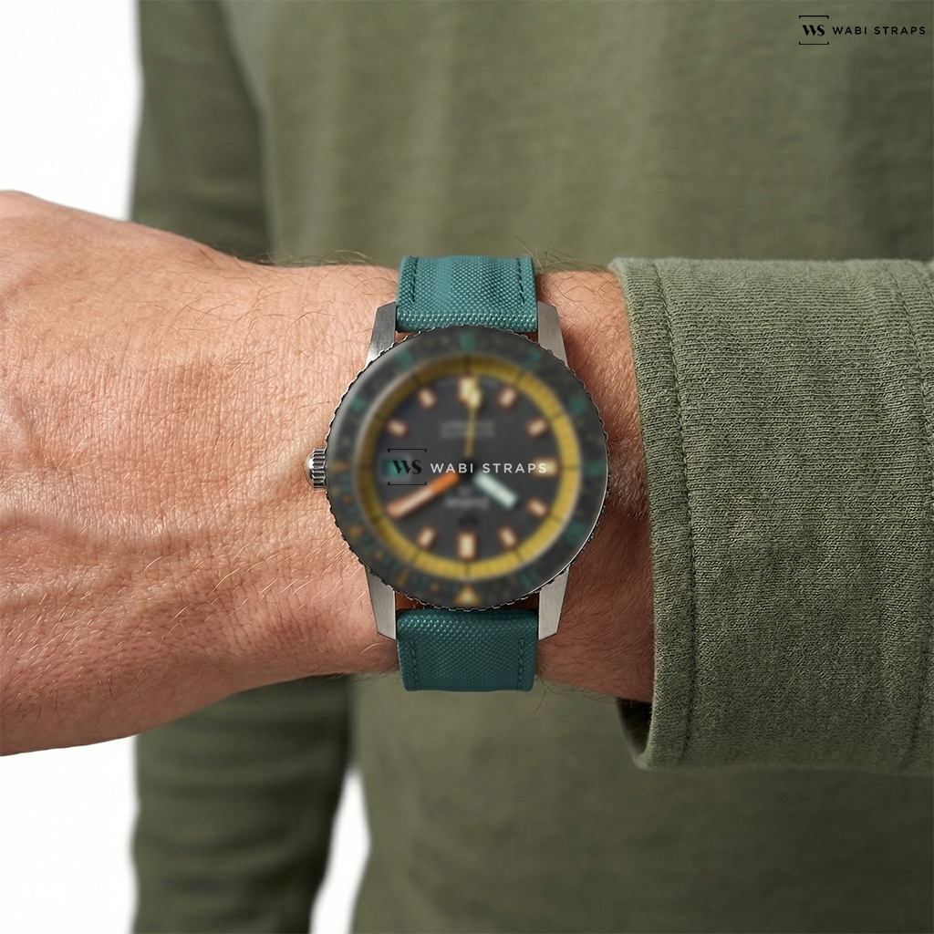 Black/Green Hybrid Leather Watch Strap on Zodiac Super Sea Wolf Limited Edition