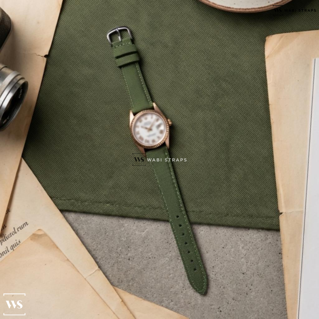 Green Rough Weave Canvas Watch Strap on Rolex Datejust Buckley Rose Gold 1601/9