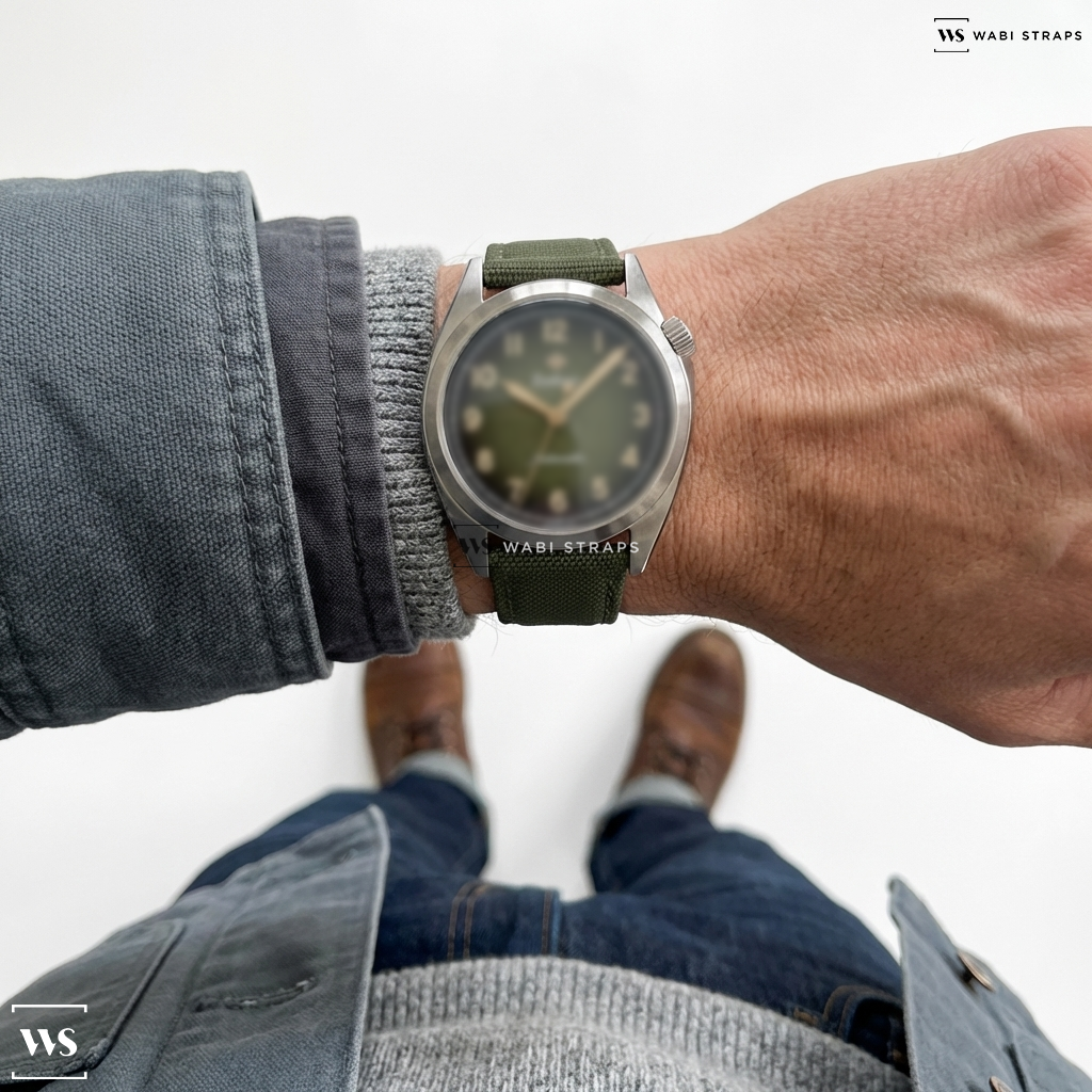 Green Rough Weave Canvas Watch Strap on Zodiac Automatic Green Dial