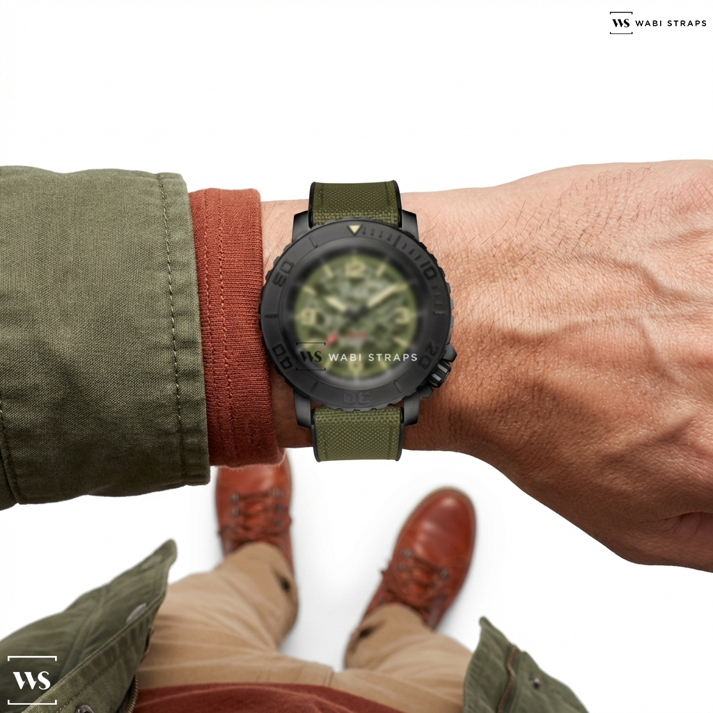 Green Hybrid Canvas Watch Strap on SOLVIL ET TITUS THE CAPE W06-03279-006 3 HANDS MECHANICAL MEN WATCH