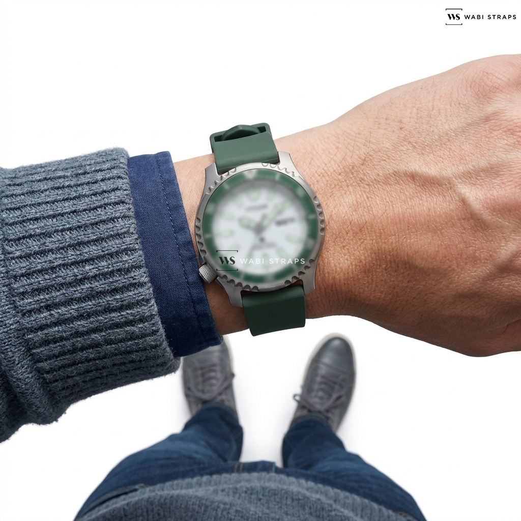 Green Smooth Rubber Watch Strap on CITIZEN NY0168-64A PROMASTER FUGU LIMITED EDITION AUTOMATIC MEN WATCH