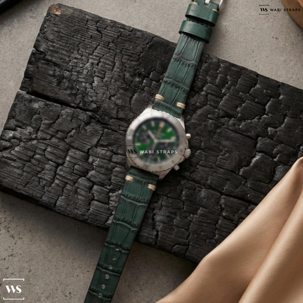 Green Crocodile Grain Leather Watch Strap on Breitling Chronomat B01 42 Chronograph Automatic Green Dial Men's Watch