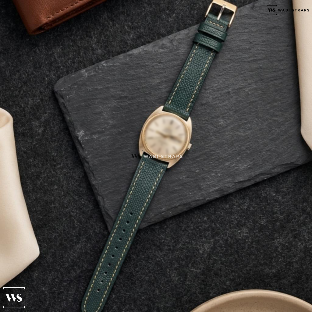 Green Pebbled Leather Watch Strap on Omega Constellation