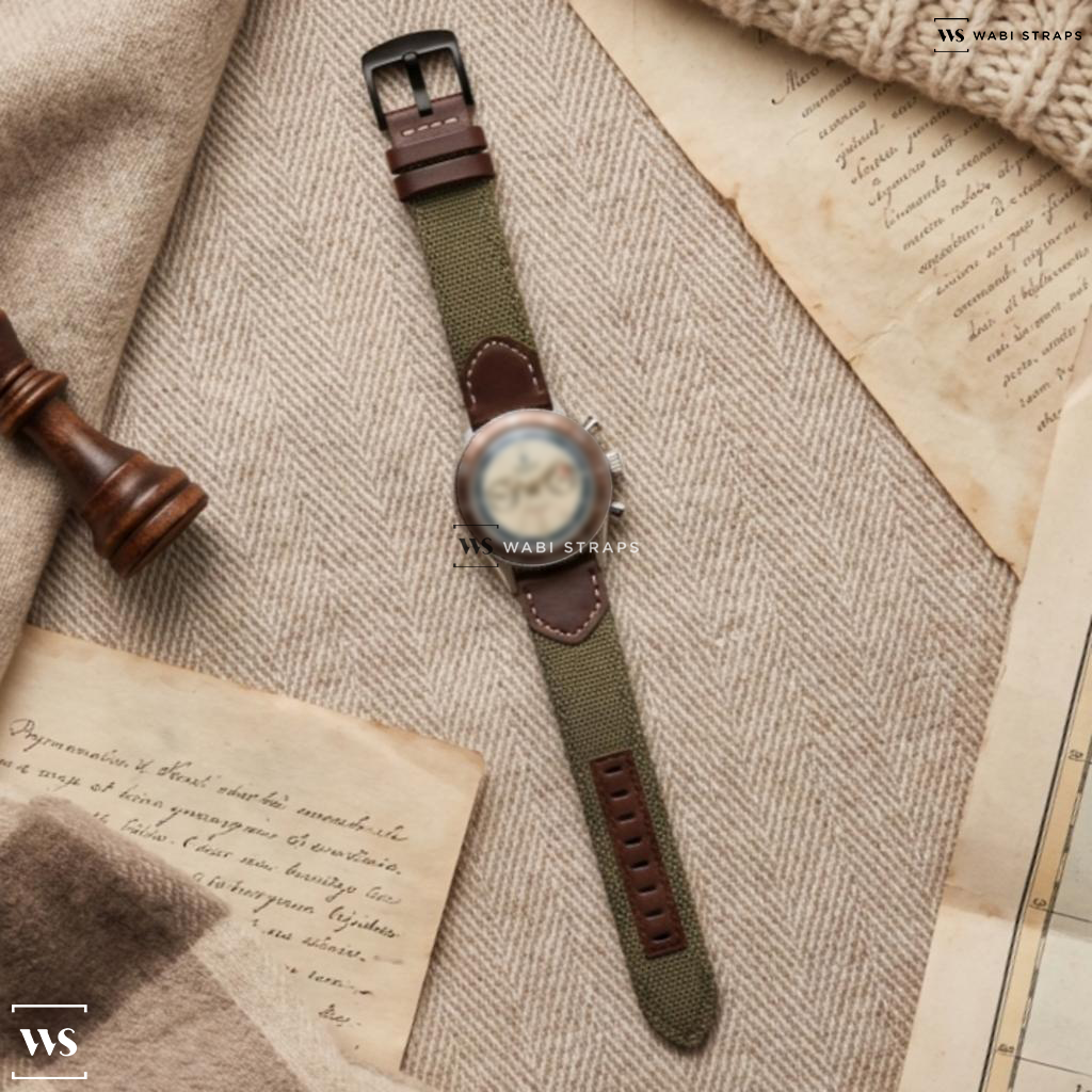 Green Hybrid Leather Watch Strap on Nivada Grenchen x Worn & Wound Datomaster VK63 V2