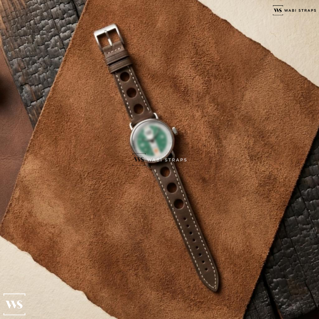 Green Perforated Leather Watch Strap on Ferrowatches Distinct 3 British Racing Green