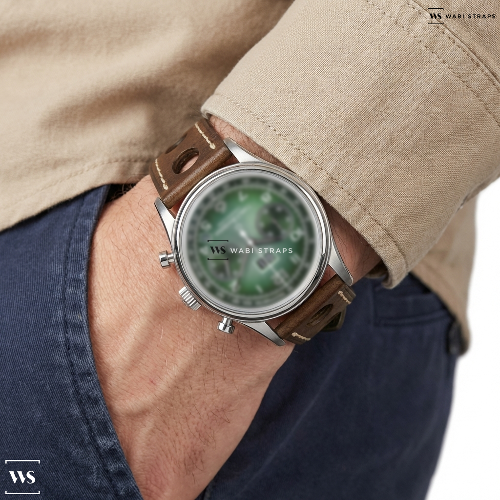Green Perforated Leather Watch Strap on Carl. F Bucherer Heritage Bicompax Annual Hometown Edition LIMITED