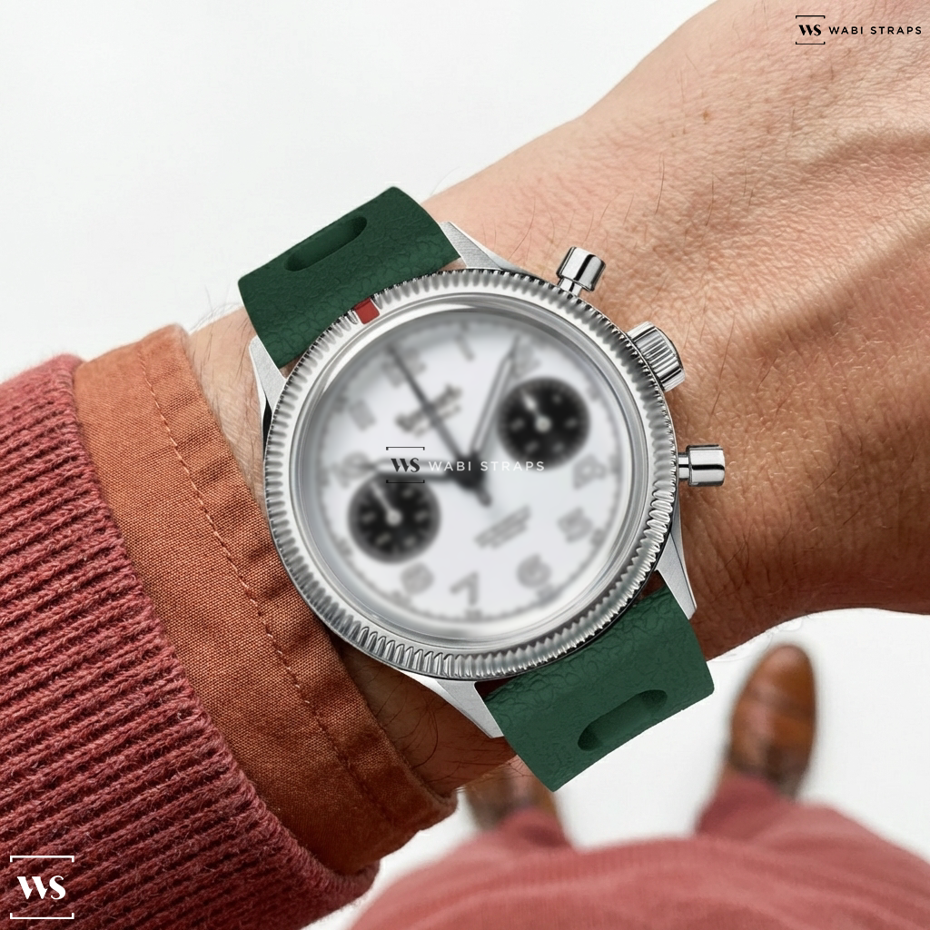 Green Perforated Silicone Watch Strap on Hanhart 17 ES 1954 Flyback Panda
