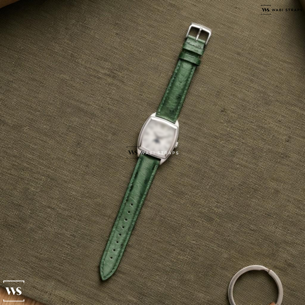 Green Ostrich Grain Leather Watch Strap on Patek Philippe Gondolo Calendario 5135G 18K White Gold Silver Dial