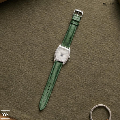 Green Ostrich Grain Leather Watch Strap on Patek Philippe Gondolo Calendario 5135G 18K White Gold Silver Dial