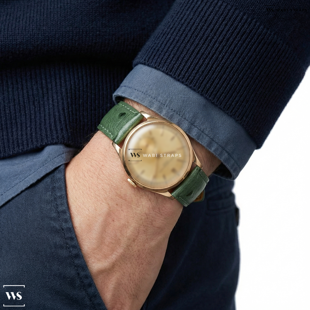 Green Ostrich Grain Leather Watch Strap on Vacheron Constantin Calatrava