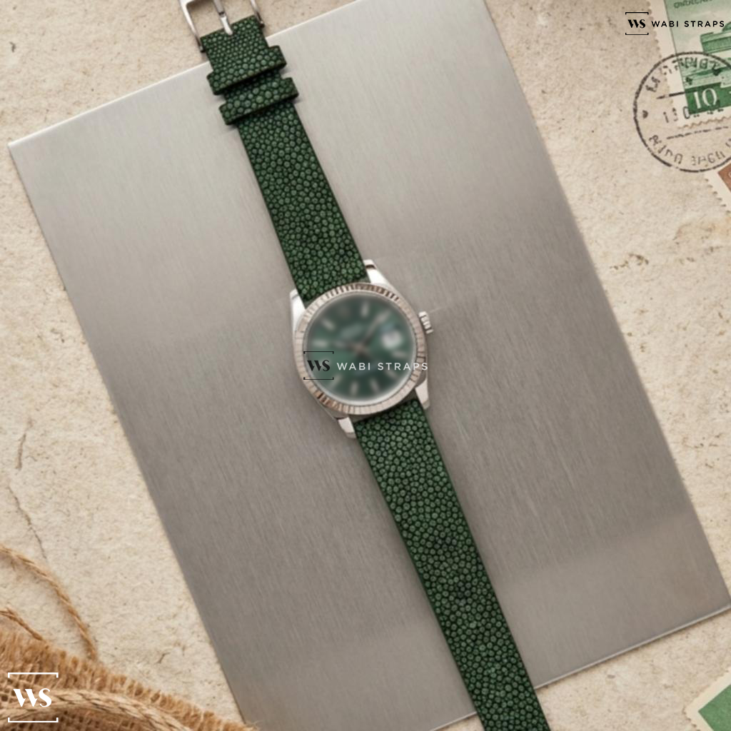 Green Stingray Grain Leather Watch Strap on Rolex Datejust 41 Mint Green Dial 126334
