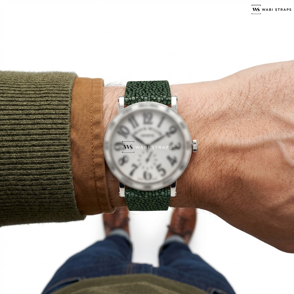 Green Stingray Grain Leather Watch Strap on Franck Muller Round Liberty Guilloche Dial