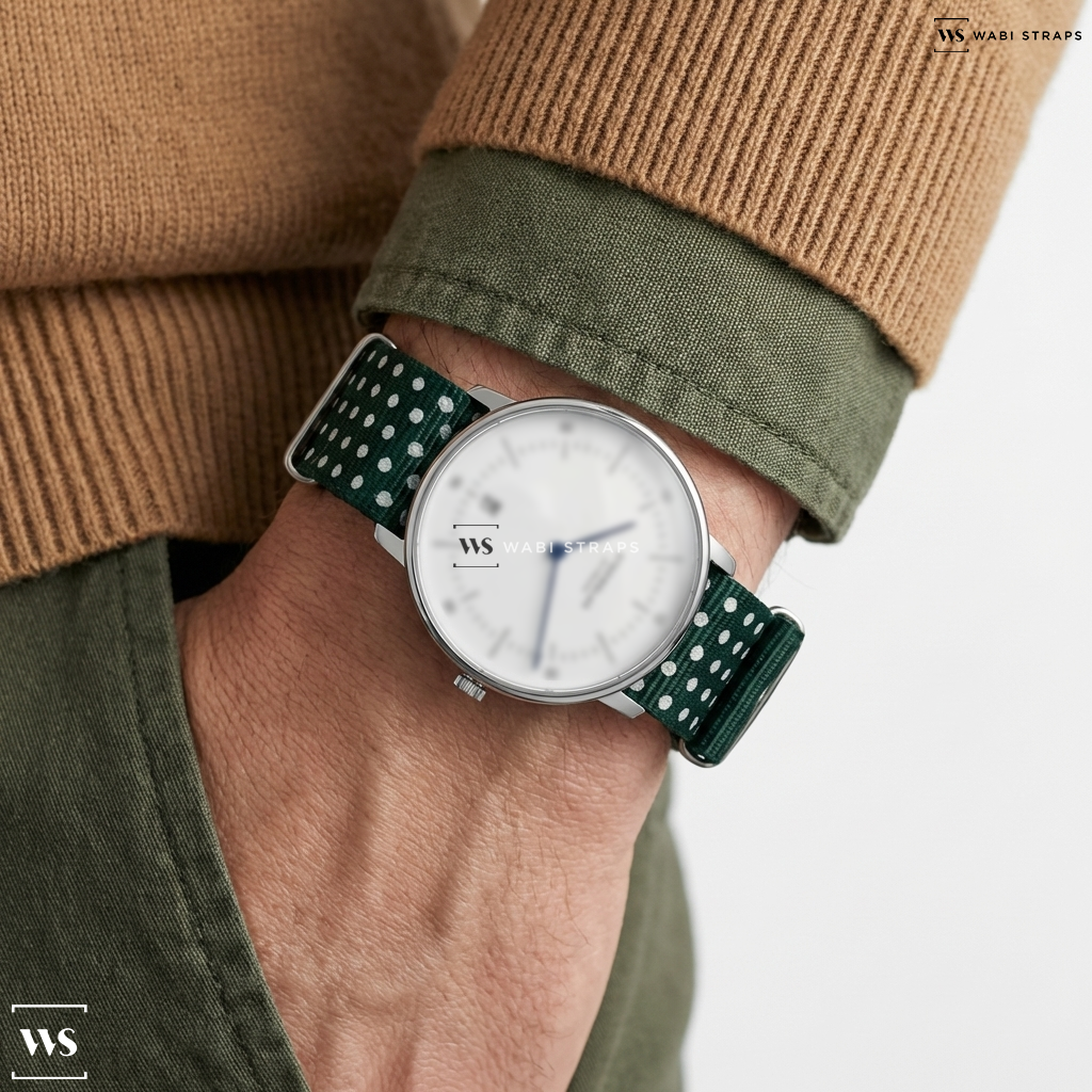 Green/White Graphic Print Nylon Watch Strap on Sternglas NAOS White