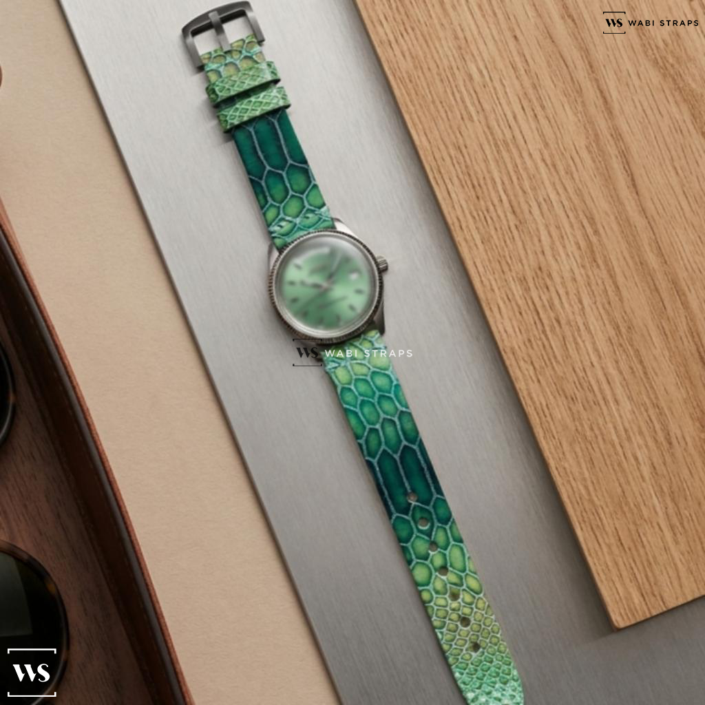 Green Embossed Glossy Rubber Watch Strap on Mido Commander Day Date Green Textured Dial