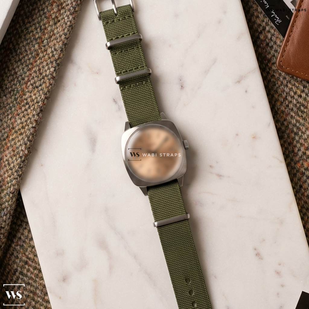 Green Ribbed Nylon Watch Strap on Brew Watch Co. HP-1 LE