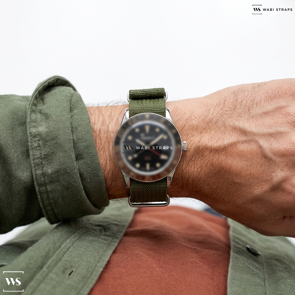 Green Ribbed Nylon Watch Strap on Squale Sub-39 GMT Vintage Black Bracelet