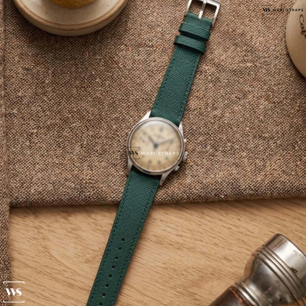 Green Cross Hatch Leather Watch Strap on Breitling Chronograph