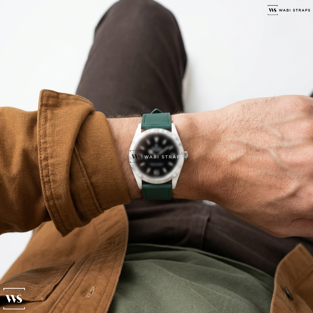 Green Cross Hatch Leather Watch Strap on Rolex Explorer (w/ Box)
